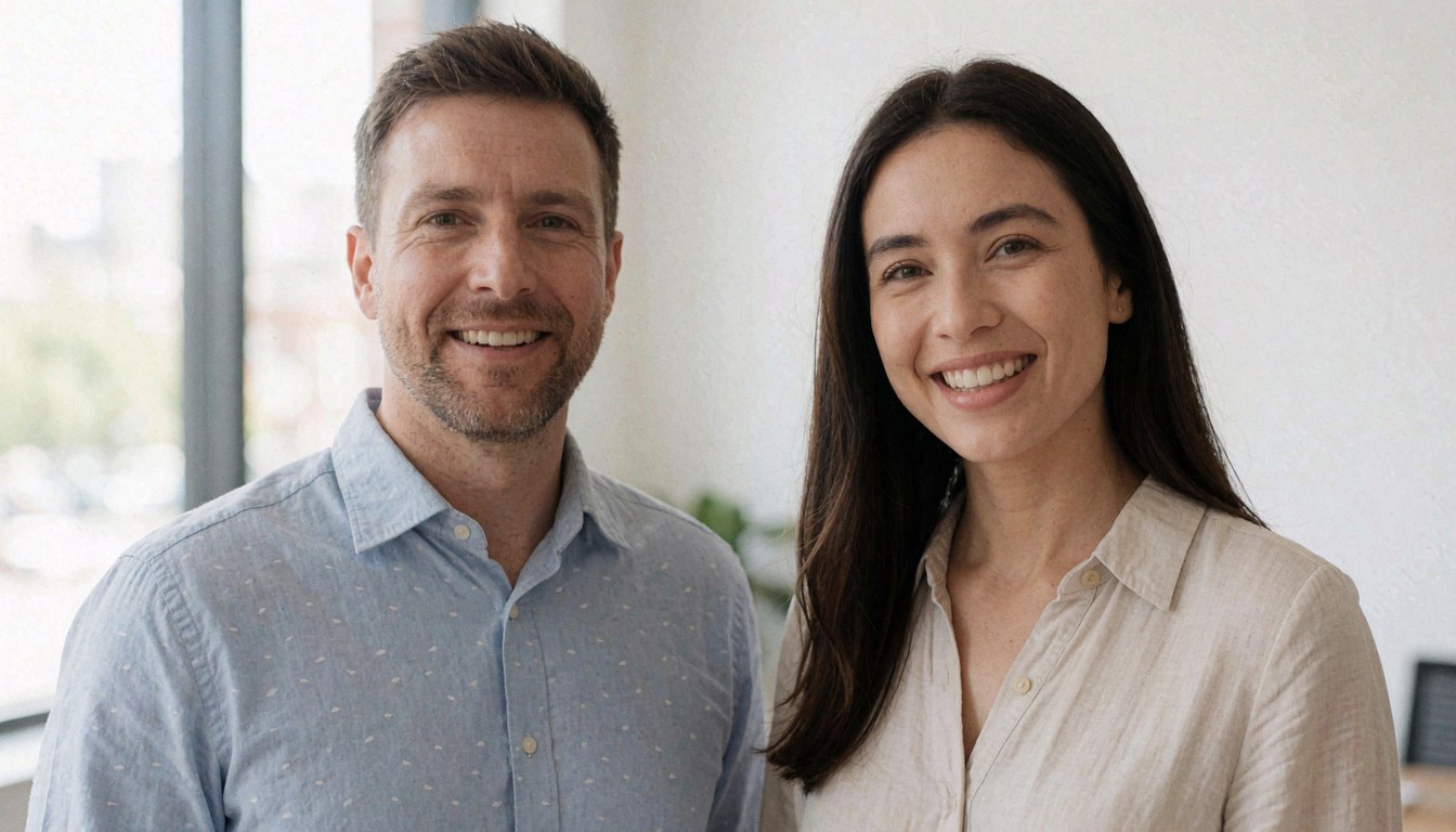 Two smiling people in a modern office with natural light, wearing long-sleeve shirts and looking at the camera.
