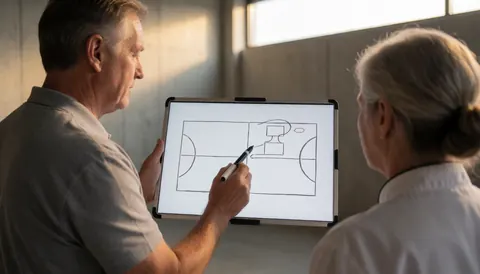 Volleyball coach explaining strategy using a tactical board on an indoor court with warm window light