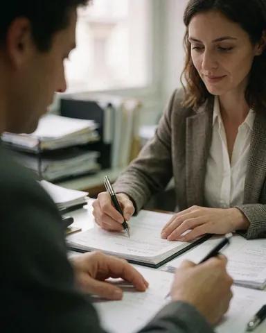 Two individuals are seated at a desk signing papers with a pen in a professional office setting.