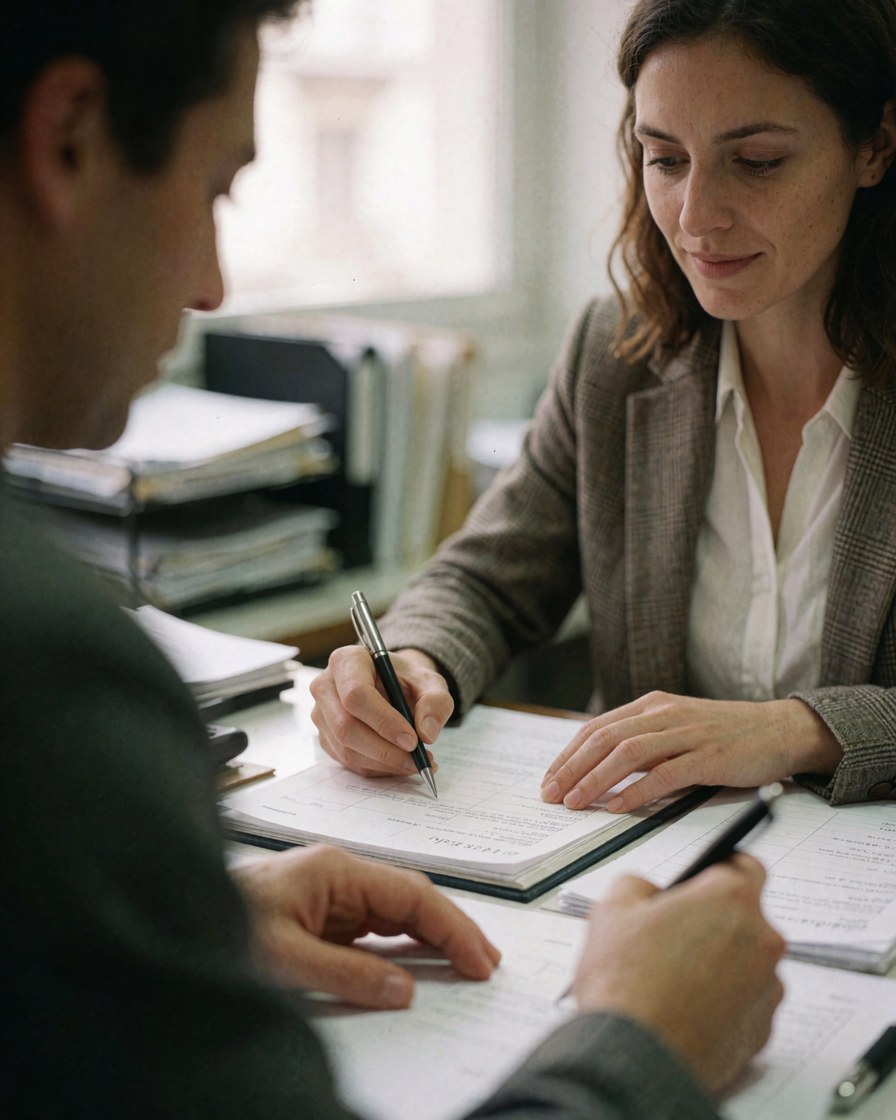 Two individuals are seated at a desk signing papers with a pen in a professional office setting.