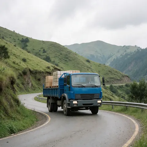 Blue cargo truck carrying pallets on a winding mountain road under cloudy skies, suitable for freight and logistics services