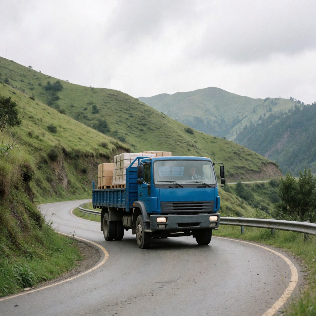 Blue cargo truck carrying pallets on a winding mountain road under cloudy skies, suitable for freight and logistics services