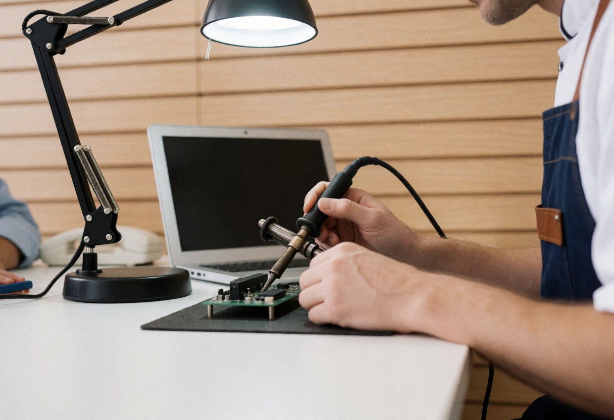 Close-up view of a technician soldering an electronic circuit board in a robotics workshop setting