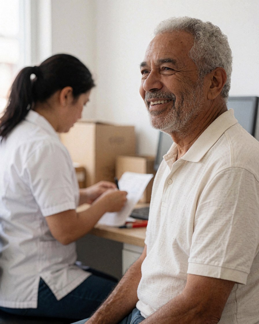 A happy older man smiles while a professional reviews documents in a bright office with filing boxes.