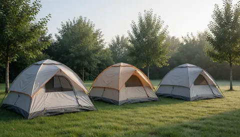 Three tents lined up on a green grassy field with trees and soft morning light, ideal for outdoor camping accommodation.