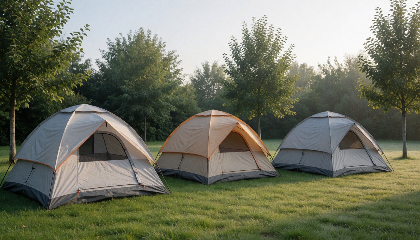 Three tents lined up on a green grassy field with trees and soft morning light, ideal for outdoor camping accommodation.