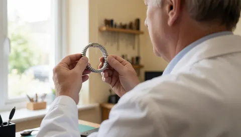 Watchmaker in white coat examines stainless steel bracelet near window with tools on shelf in background
