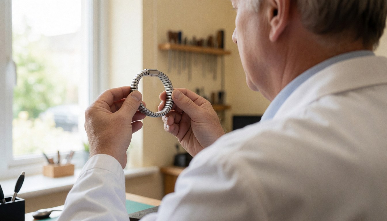 Watchmaker in white coat examines stainless steel bracelet near window with tools on shelf in background