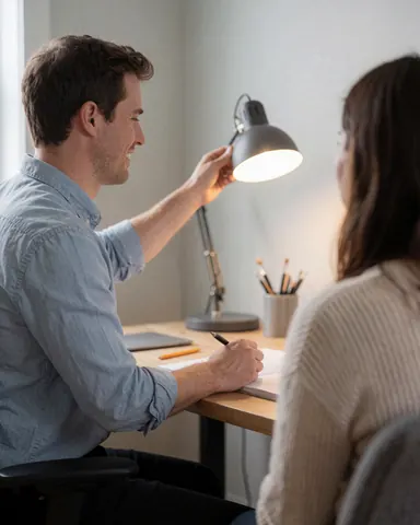 A man adjusts a desk lamp while a woman writes in a notebook on a wooden table in a modern office setting.