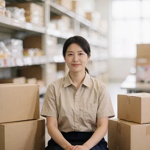 A woman in a warehouse wearing work clothes, surrounded by cardboard boxes and shelves in a professional and organized environment.