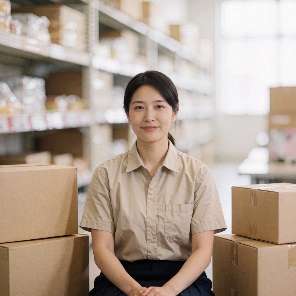 A woman in a warehouse wearing work clothes, surrounded by cardboard boxes and shelves in a professional and organized environment.