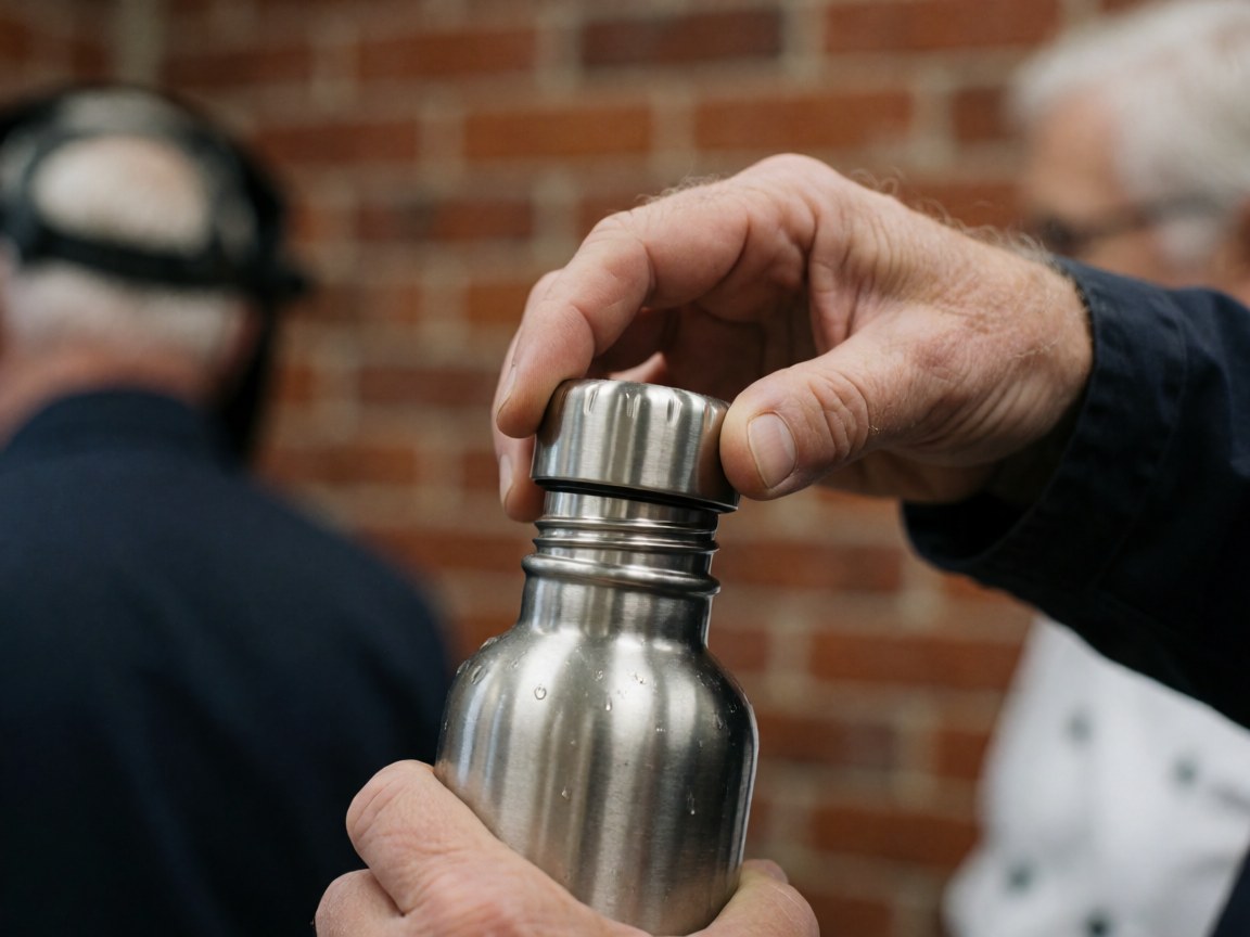 Close-up of an adult hand unscrewing the cap of a reusable metal water bottle with visible water droplets against a brick wall background.