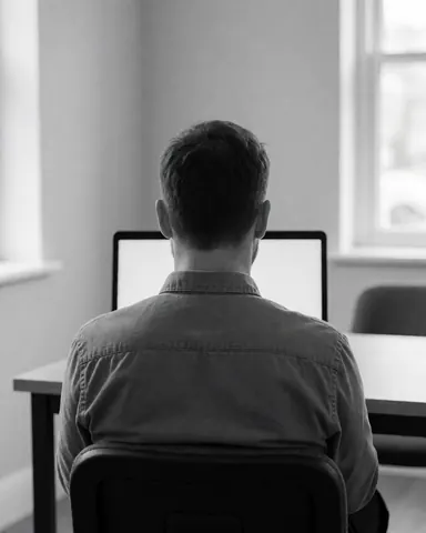 Back view of a student using a laptop at a desk with light walls and natural light for a coding course