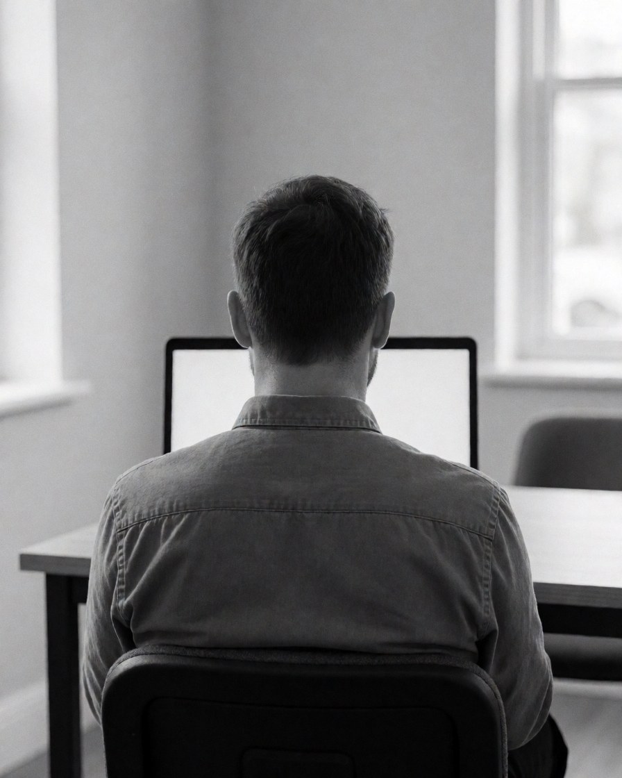 Back view of a student using a laptop at a desk with light walls and natural light for a coding course