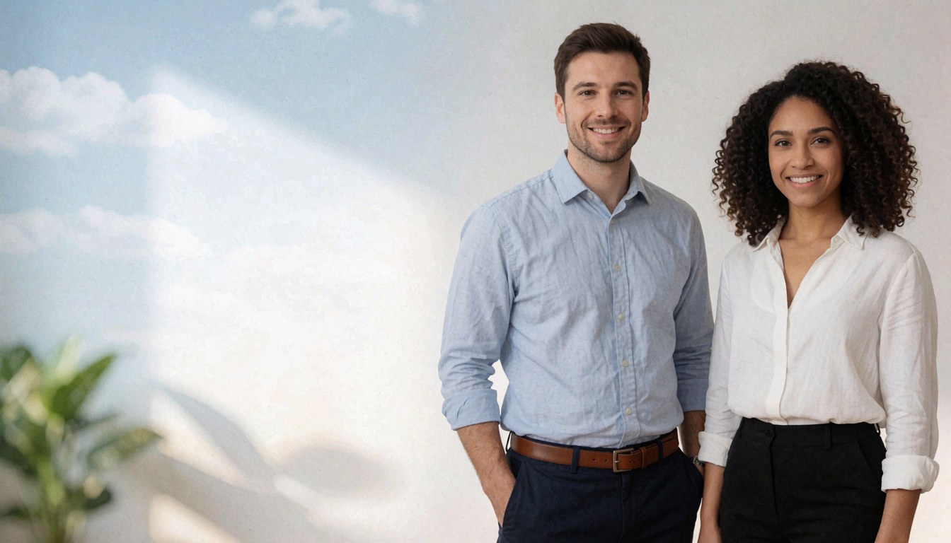 Two smiling professionals standing in front of a white wall with natural light and copy space on the left side.