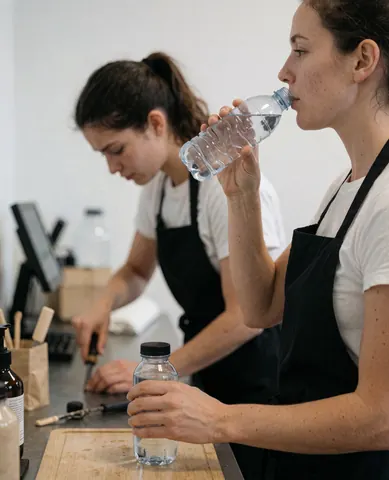 Two people in black aprons work in a modern kitchen; one drinks from a bottle while the other cuts with a knife, with a computer in the background.