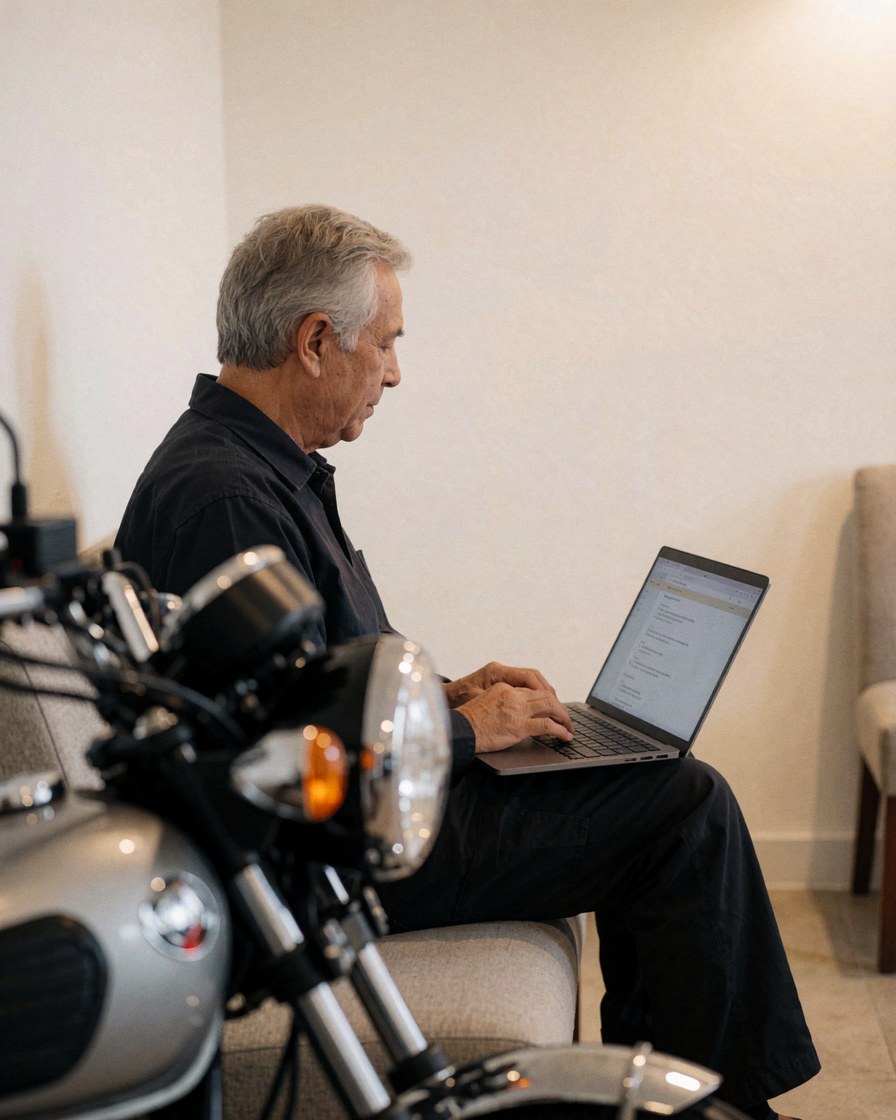 A satisfied customer waits with a laptop while a freshly repaired motorcycle is visible in the foreground at a professional workshop.