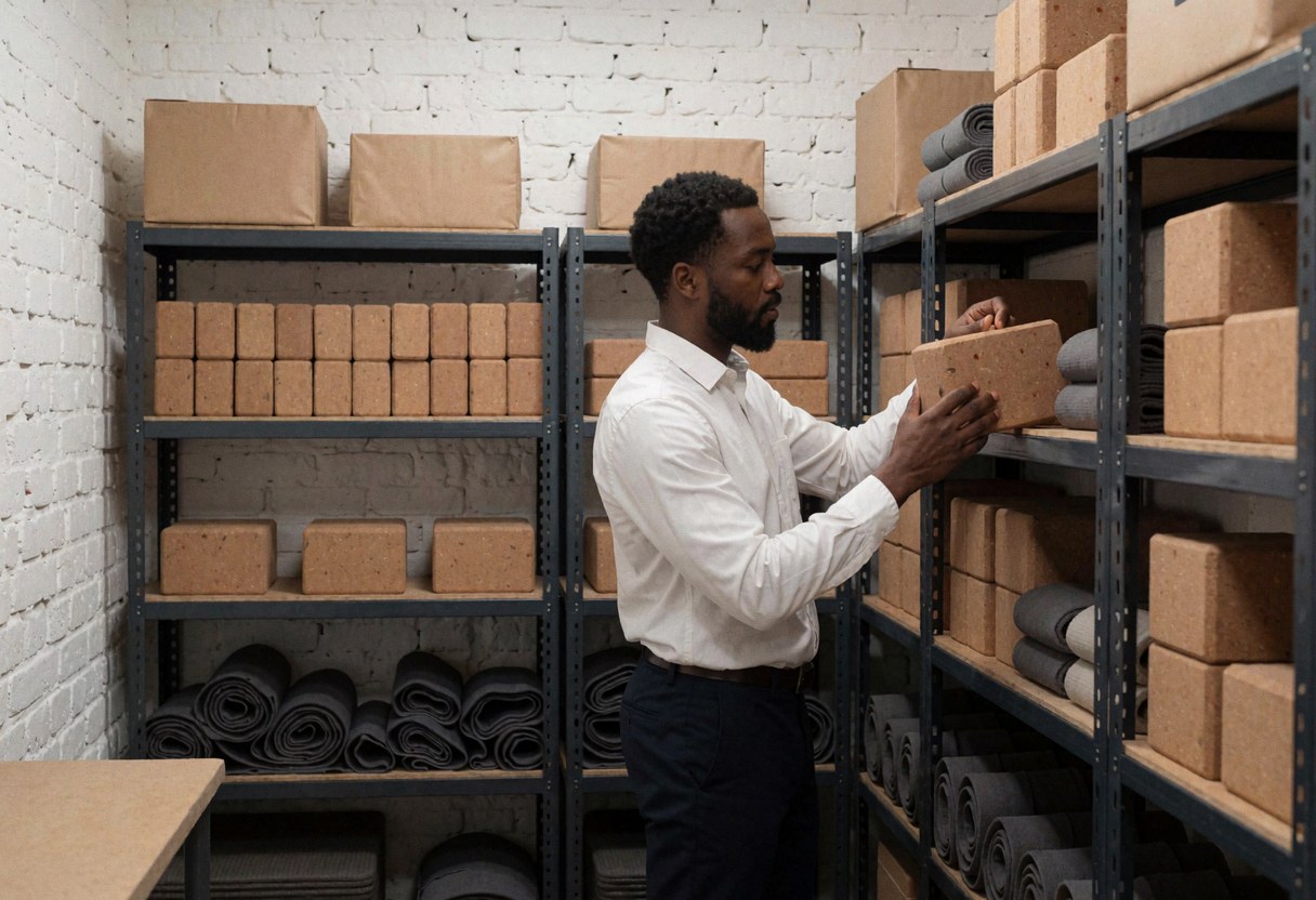 A man organizes yoga blocks in a warehouse with metal shelves and white brick walls, preparing the space for opening.