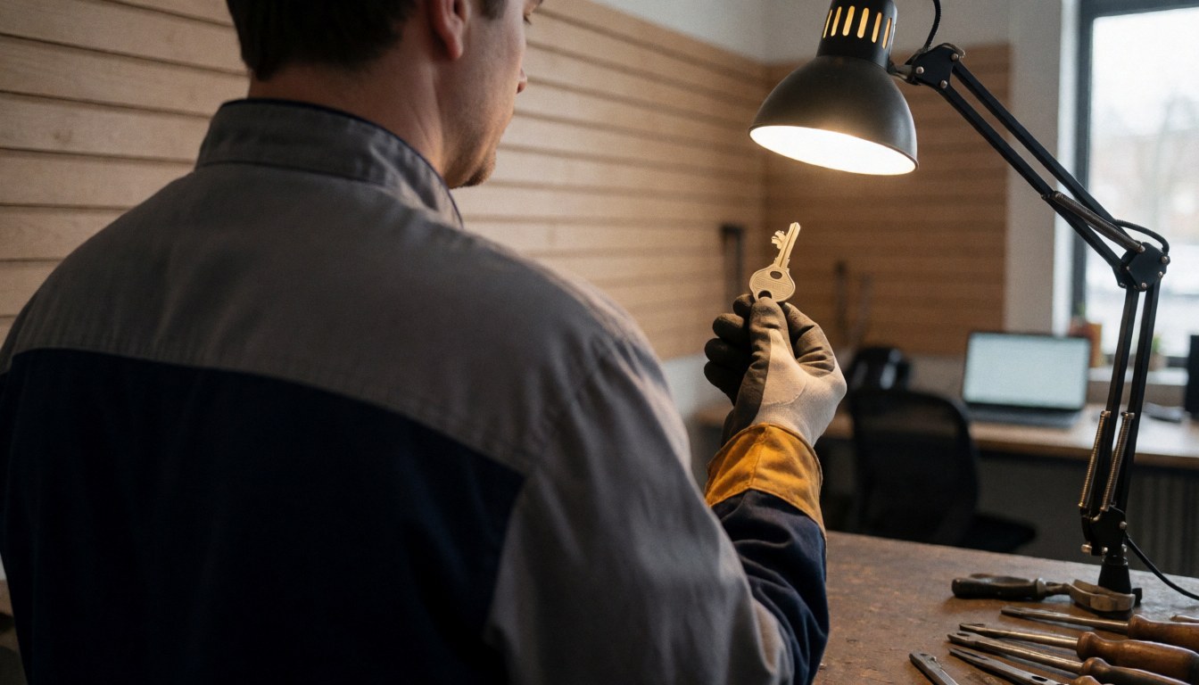 A locksmith wearing gloves holds a master key under desk lamp light in a wooden workshop filled with tools.