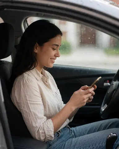 A happy customer smiling while using a cell phone inside a car during rainy weather, depicting a client scene in an automobile.