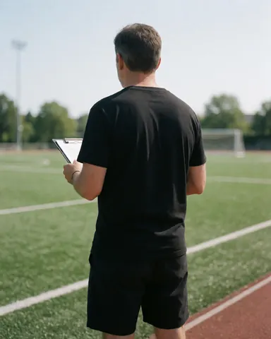 Back view of a personal trainer holding a clipboard on a sunny green soccer field ready to train