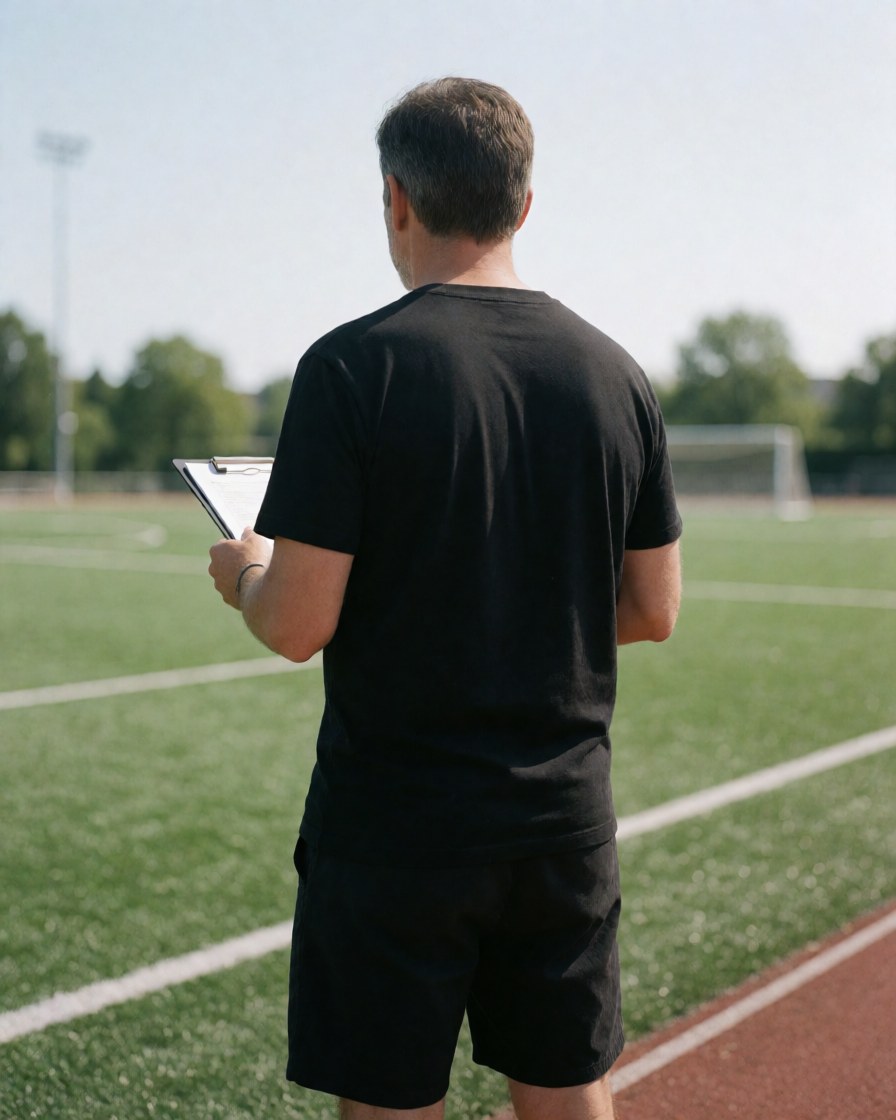 Back view of a personal trainer holding a clipboard on a sunny green soccer field ready to train