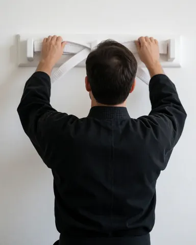 Martial arts instructor wearing black dobok places a white belt on a wall-mounted rack in a dojo with white walls.