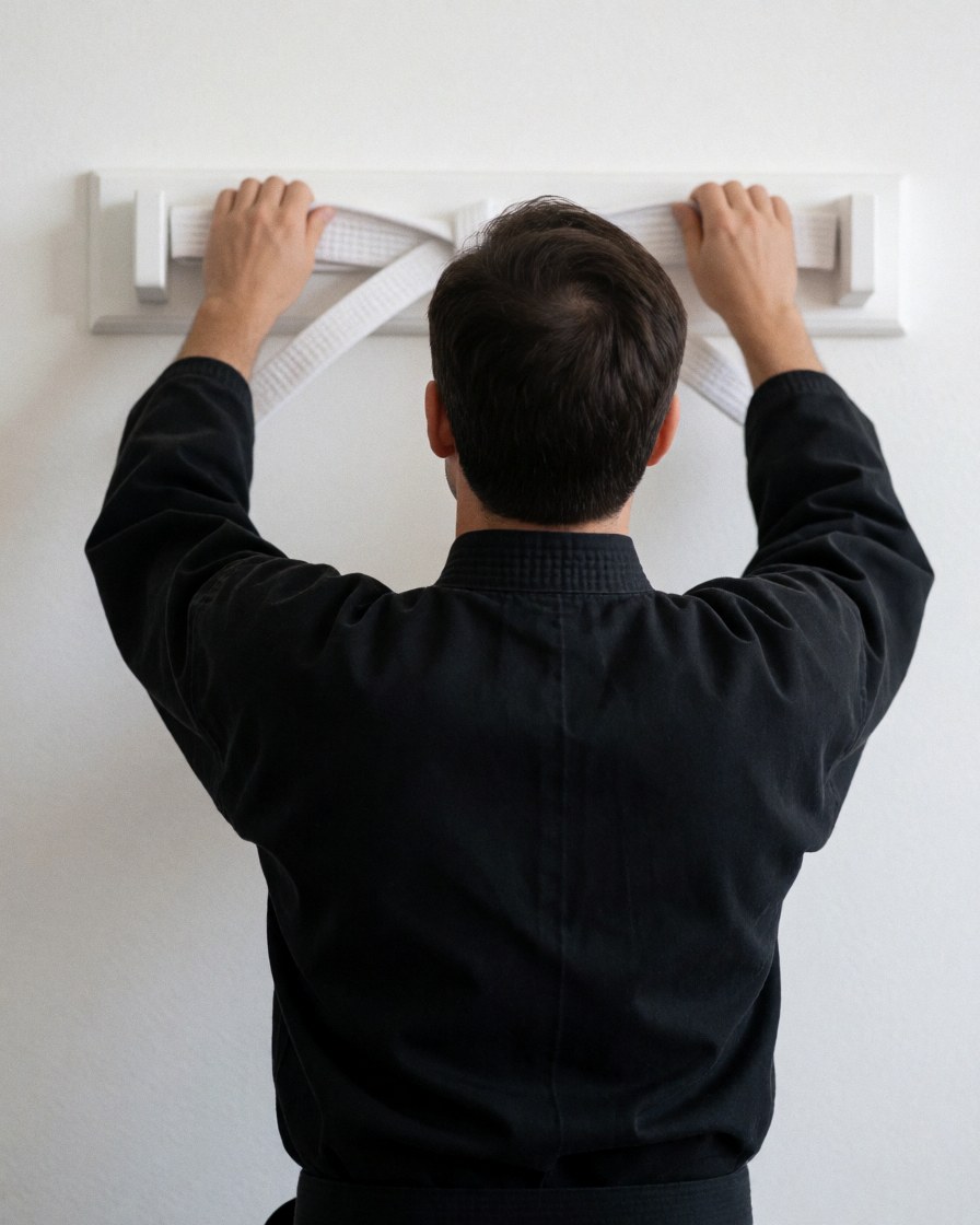Martial arts instructor wearing black dobok places a white belt on a wall-mounted rack in a dojo with white walls.