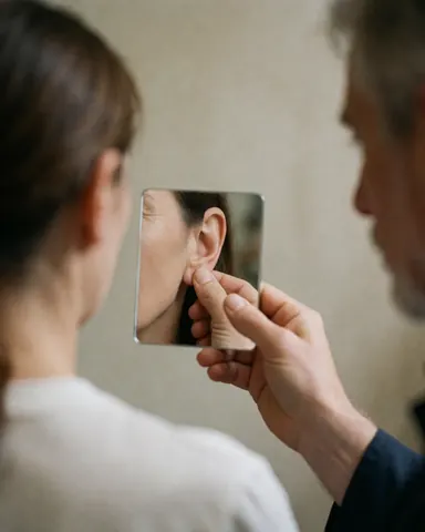 A client inspects their new piercing using a small mirror held by a professional in a neutral background setting.