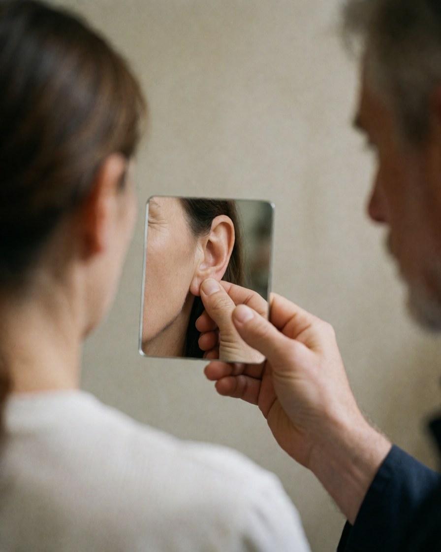 A client inspects their new piercing using a small mirror held by a professional in a neutral background setting.