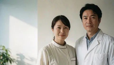 Two healthcare workers wearing white coats smile in a clinical setting with white walls and a plant.