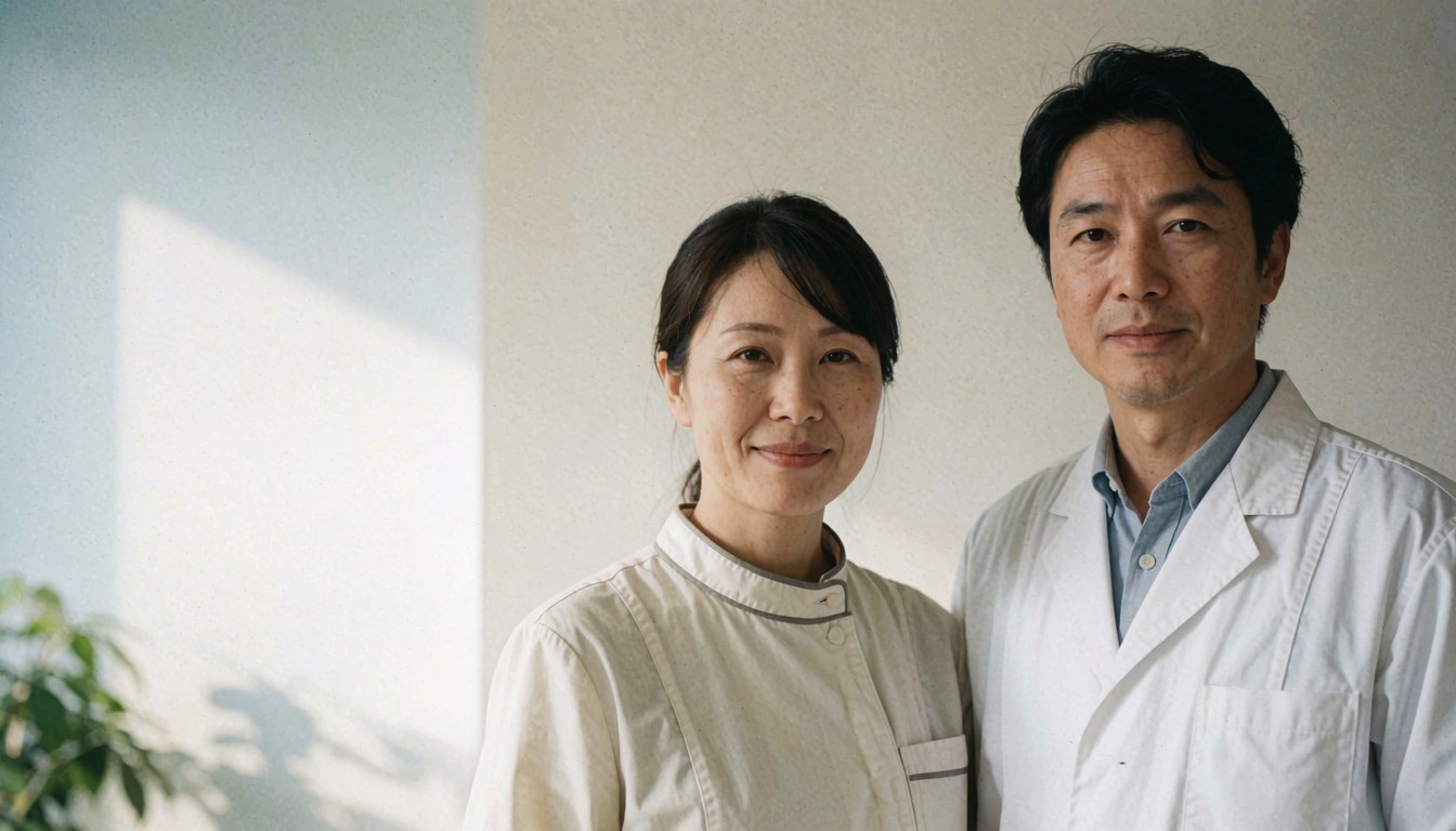 Two healthcare workers wearing white coats smile in a clinical setting with white walls and a plant.