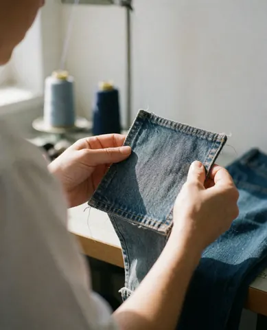 Hands holding a newly sewn denim patch with blue thread spools in the background at a craft workshop