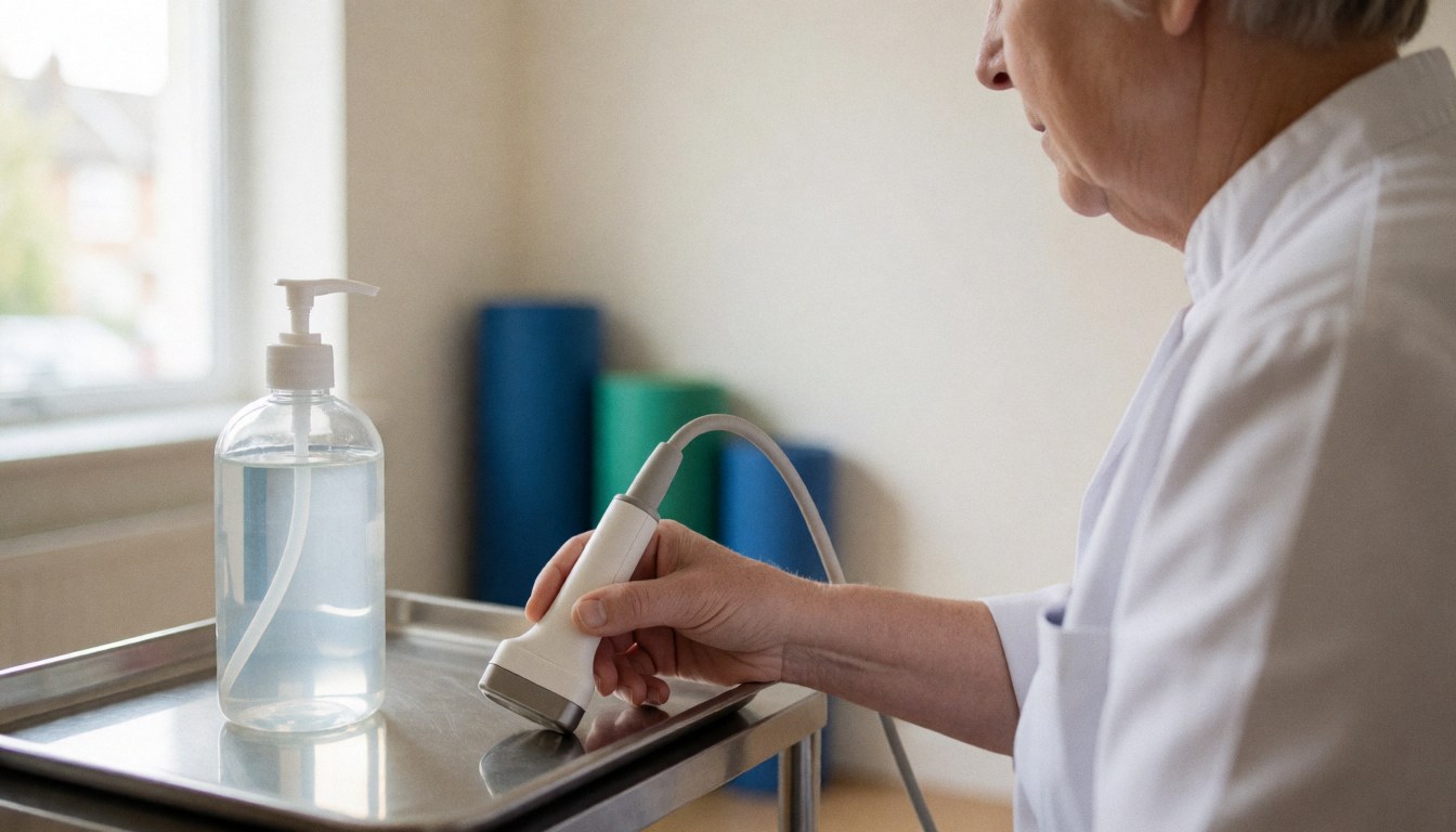 Physiotherapist holding an ultrasound transducer during a treatment session in a clinical setting with exercise mats visible in the background