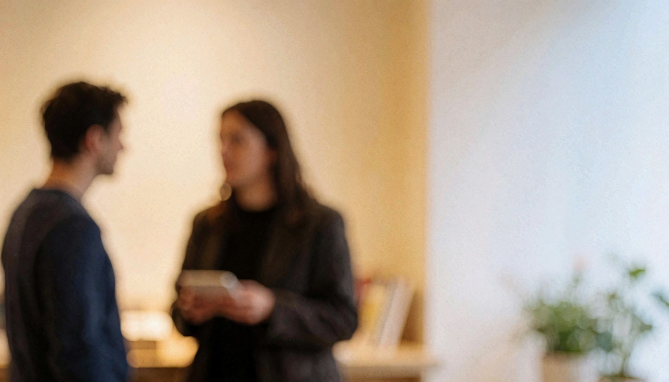 Two individuals engaged in conversation within a bright interior featuring light walls and soft lighting, suitable for text backgrounds.