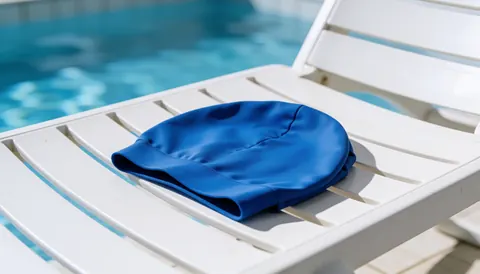Folded blue swim cap resting on a white chair beside a blurred blue public pool, ideal for aquatic sports and serene poolside settings.