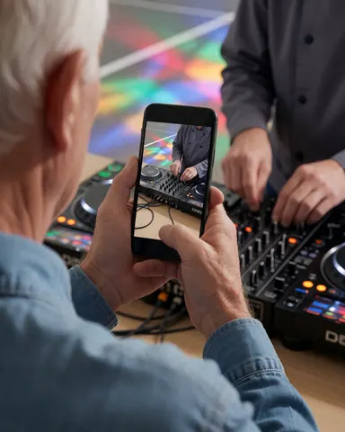 Customer holding a smartphone to record a DJ adjusting the mixer at a colorful party event
