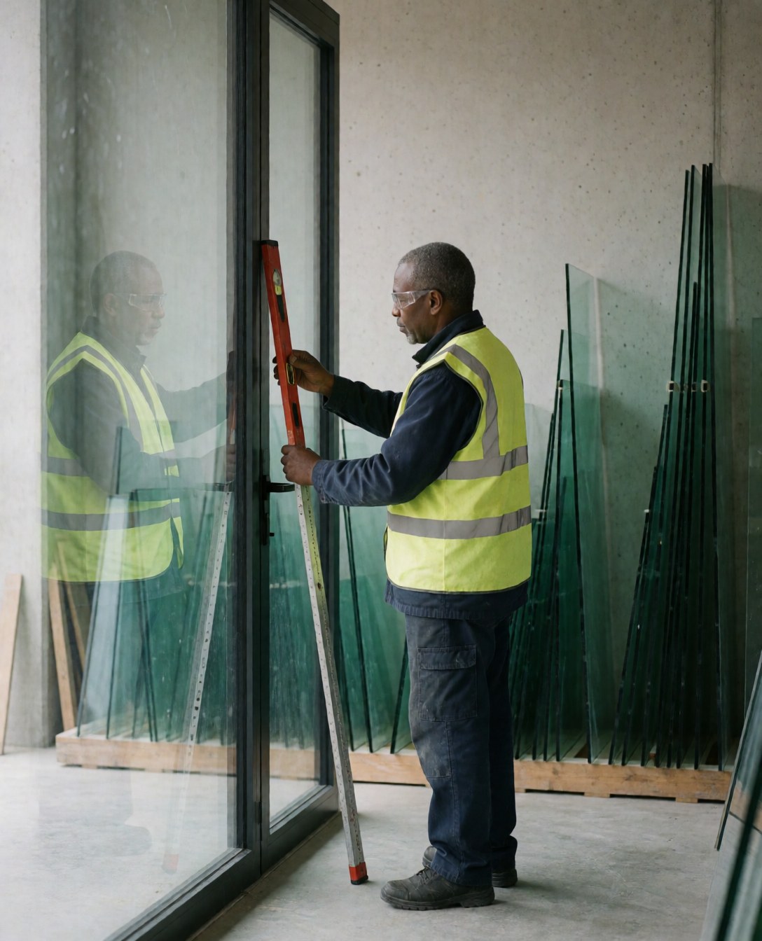 Glazier in safety vest measuring laminated glass door with level in glass workshop with stacked leaves.