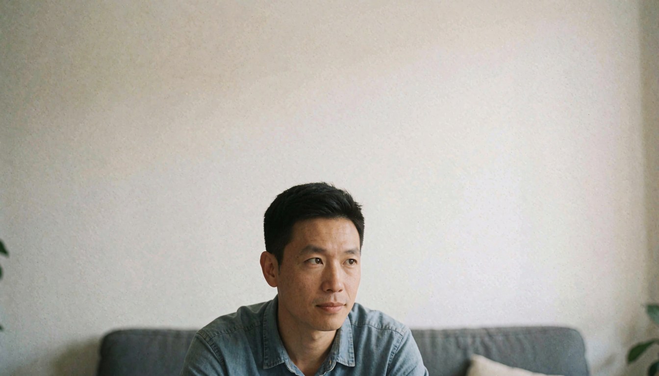 A man wearing a denim shirt sits on a gray sofa, gazing to the right in a bright room with white walls and indoor plants.