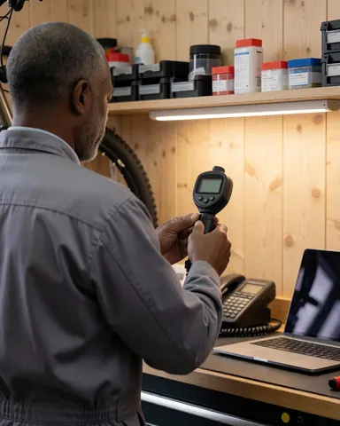 Technician using a digital gauge to check tire pressure in a workshop with wooden walls and practical lighting.