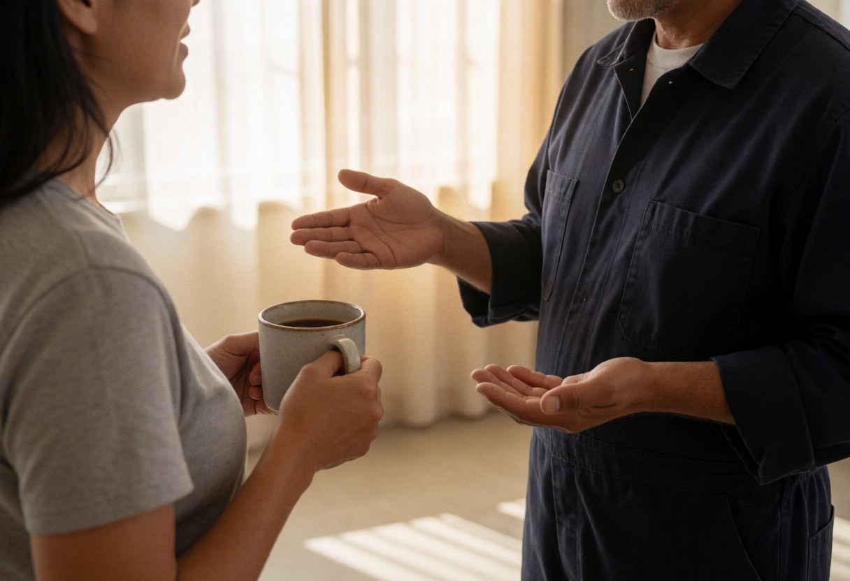 Two individuals engaged in conversation while holding coffee cups in a bright interior setting with plain walls, suitable for a Spanish classes service in action.