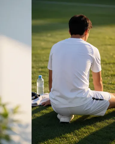A young soccer player standing on a training field holding a water bottle, suitable for soccer coach marketing materials.