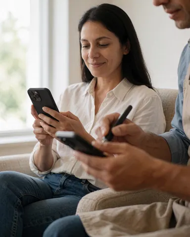 A happy customer sitting on a chair in a bright living room, smiling while using her smartphone near a window with natural light.