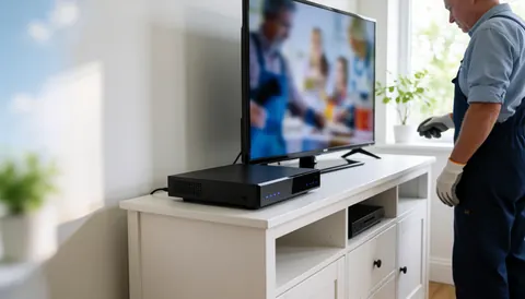 Antenna technician adjusting a black decoder on a white cabinet with a TV in the background