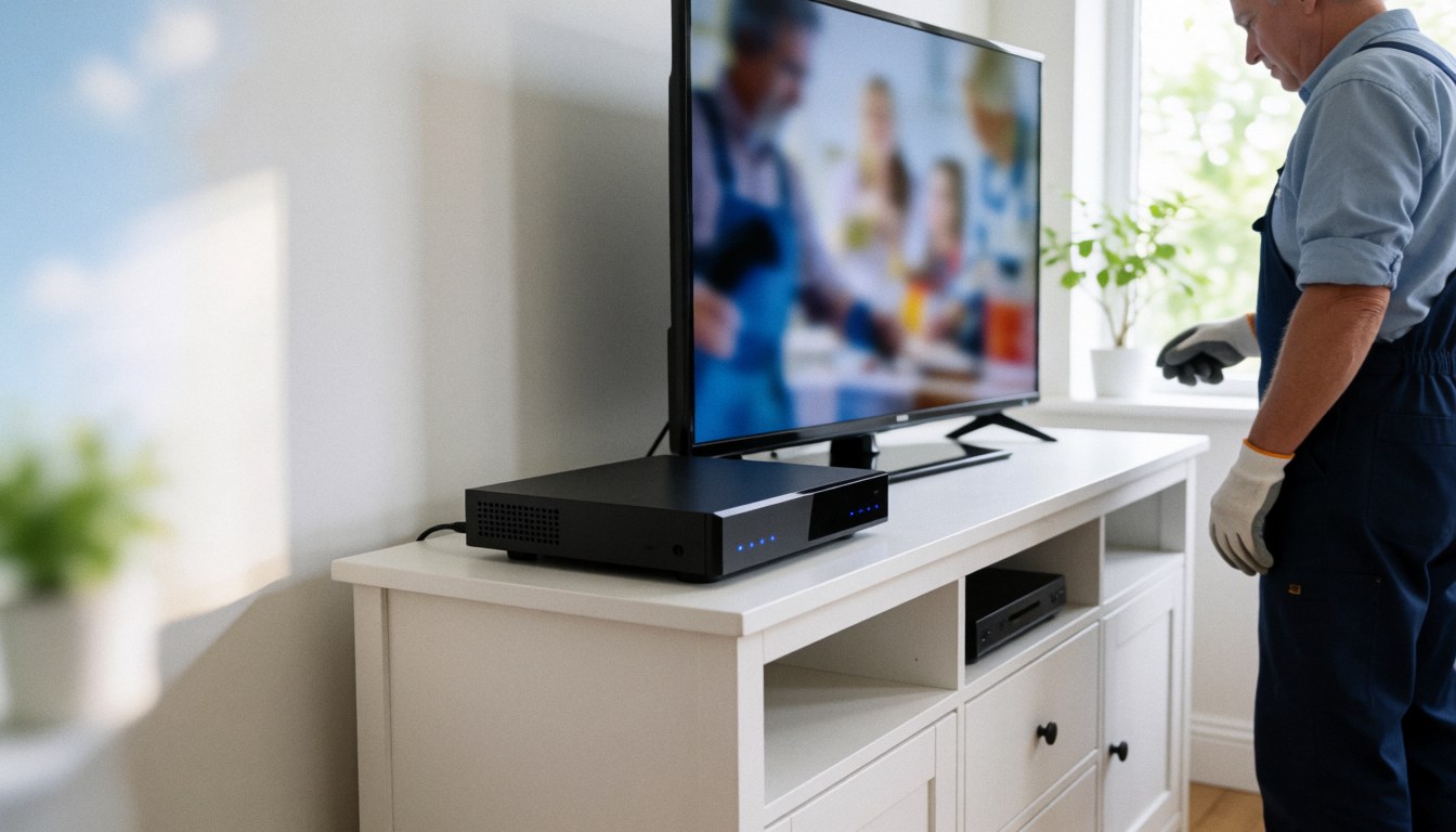 Antenna technician adjusting a black decoder on a white cabinet with a TV in the background