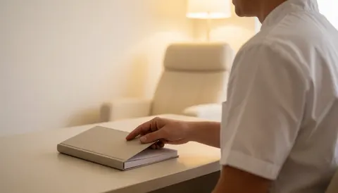 A professional in a white uniform closes a notebook on a desk in a hypnotherapy consultation room with a recliner and warm lighting in the background.