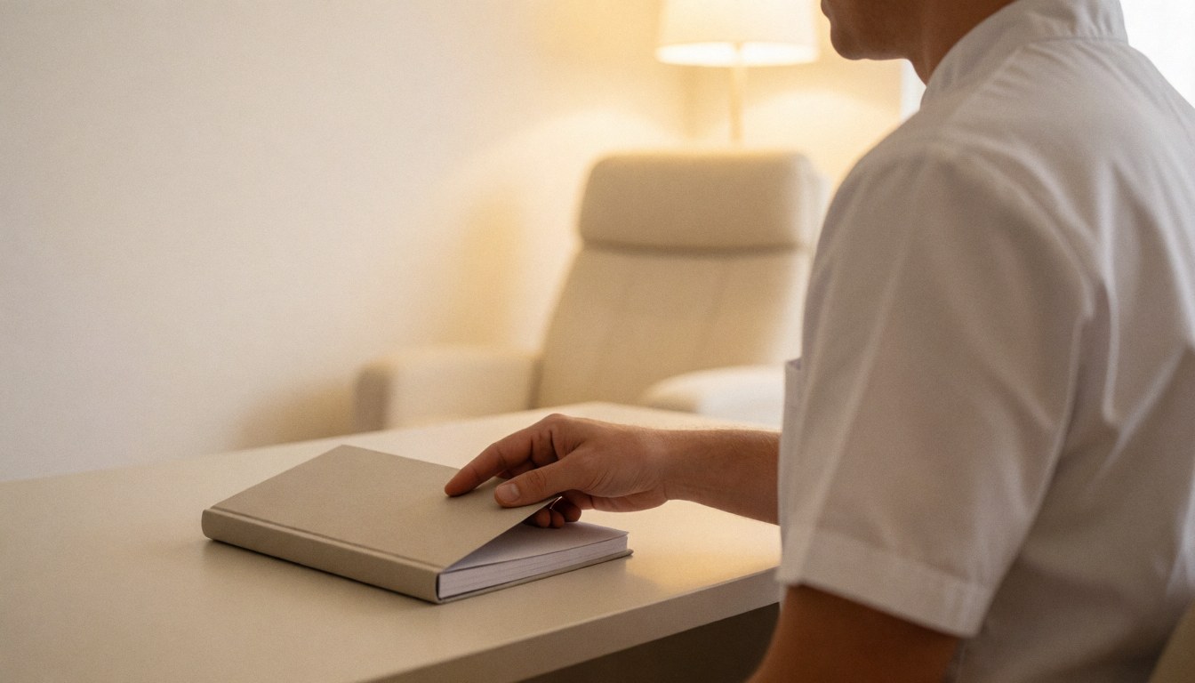 A professional in a white uniform closes a notebook on a desk in a hypnotherapy consultation room with a recliner and warm lighting in the background.