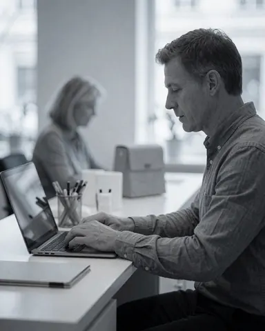 An adult man using a laptop on a clean office desk in a modern professional environment.