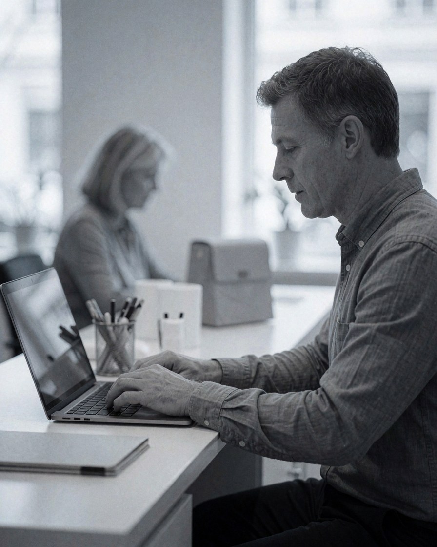 An adult man using a laptop on a clean office desk in a modern professional environment.
