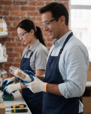 Two workers wearing safety glasses in a workshop with a brick wall, one holding a packaged product and the other working with tools on a table.